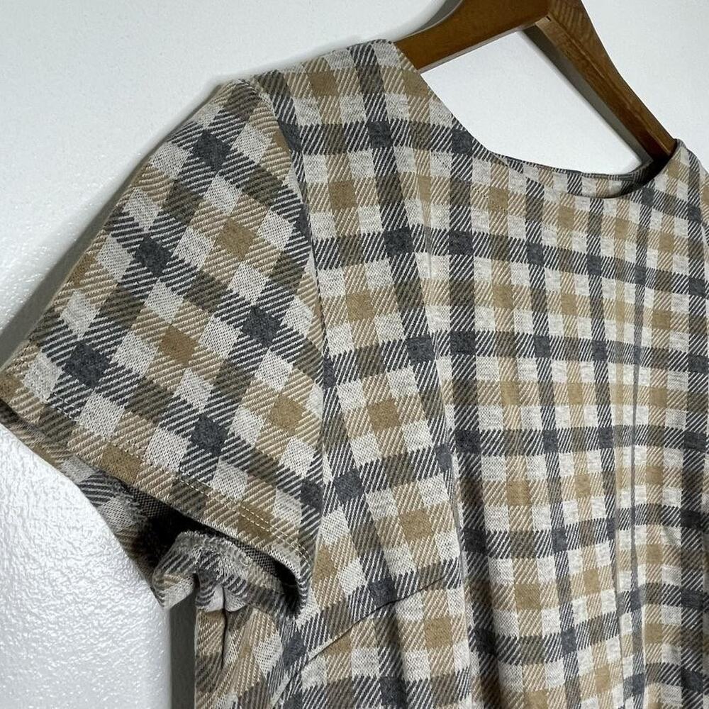 J Jill Cottage Dress Medium Camel Prairie Plaid Short Sleeve Gray Contrast NEW